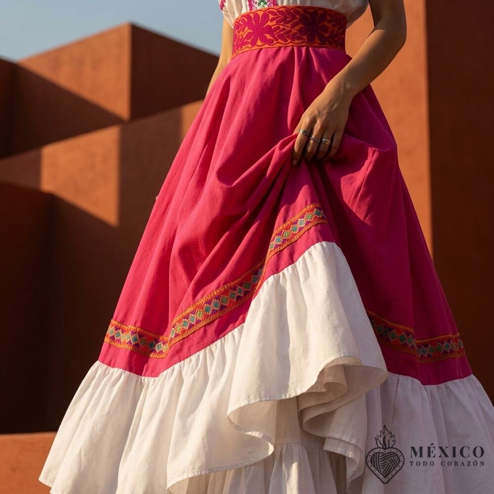 Mexican  Fiusha and white popeline single circle skirt only